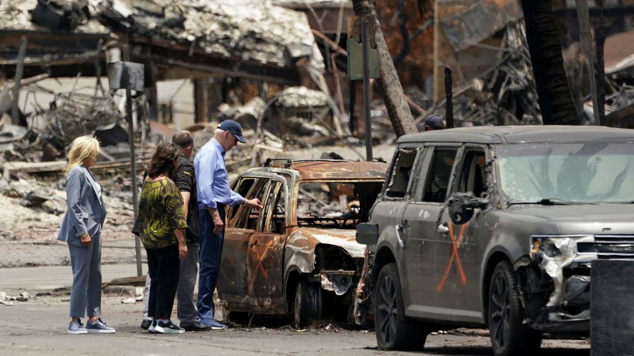 President Joe Biden and first lady Jill Biden, accompanied by Hawaii Governor Josh Green and Jaime Green, First Lady of Hawaii, visit the fire-ravaged town of Lahaina on the island of Maui in Hawaii, on Monday.
