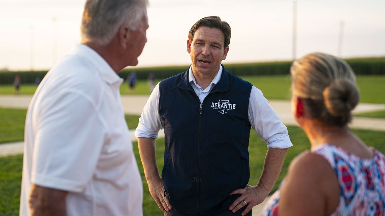DeSantis speaks with attendees during a campaign stop at the Field of Dreams in Dyersville, Iowa, on August 24, 2023.
