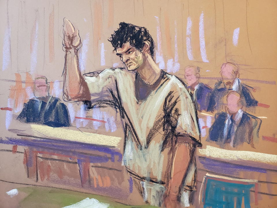 Sam Bankman-Fried, the jailed founder of bankrupt cryptocurrency exchange FTX, is sworn in as he appears in court for the first time since his November fraud conviction, at a courthouse in New York, U.S., February 21, 2024 in this courtroom sketch.    REUTERS/Jane Rosenberg