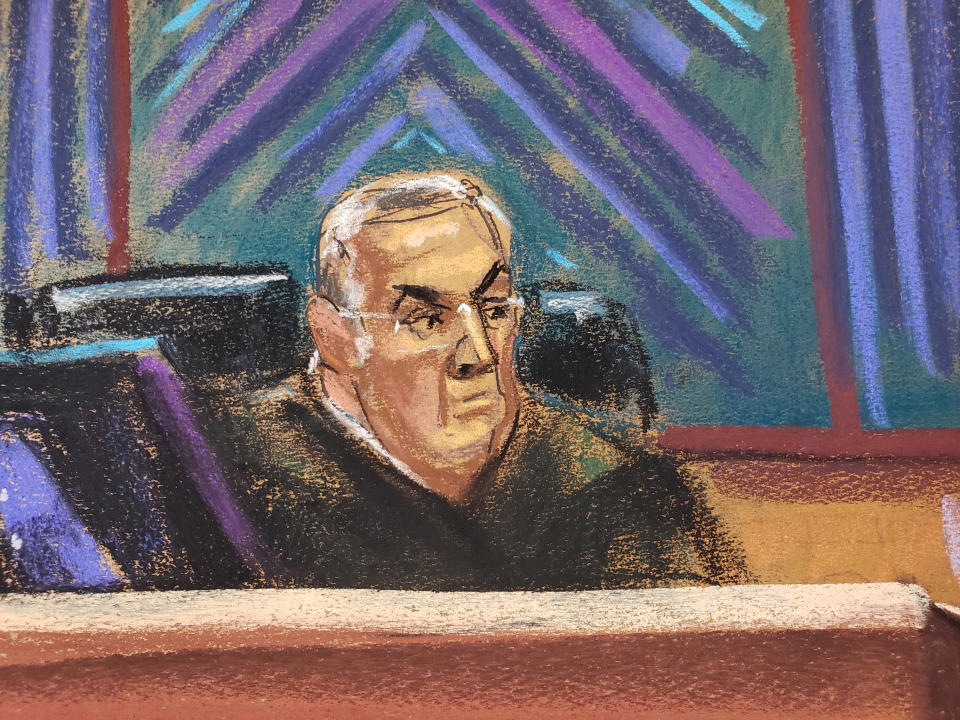 Former U.S. President Donald Trump (not seen) testifies as he takes the stand watched by U.S. District Judge Lewis Kaplan during the second civil trial where E. Jean Carroll accused Trump of raping her decades ago, at Manhattan Federal Court in New York City, U.S., January 25, 2024 in this courtroom sketch. REUTERS/Jane Rosenberg