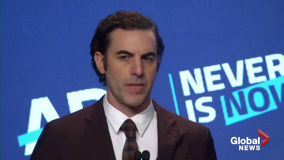 Click to play video: 'Sacha Baron Cohen targets Facebook CEO Mark Zuckerberg and other big tech for spreading lies and hate speech'